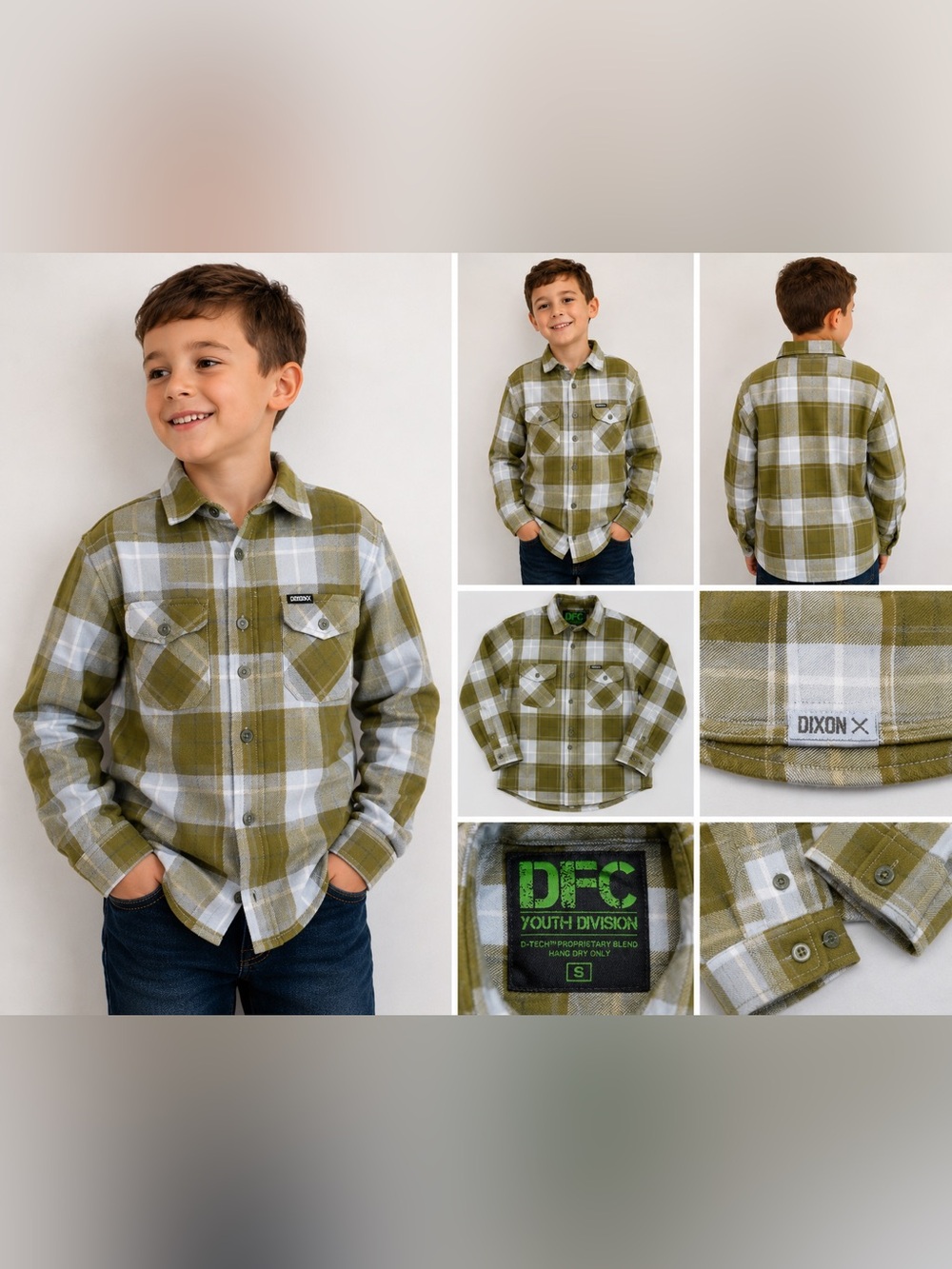 Dixxon Youth Division Plaid Flannel Shirt Boys Small Green Gray Button Up